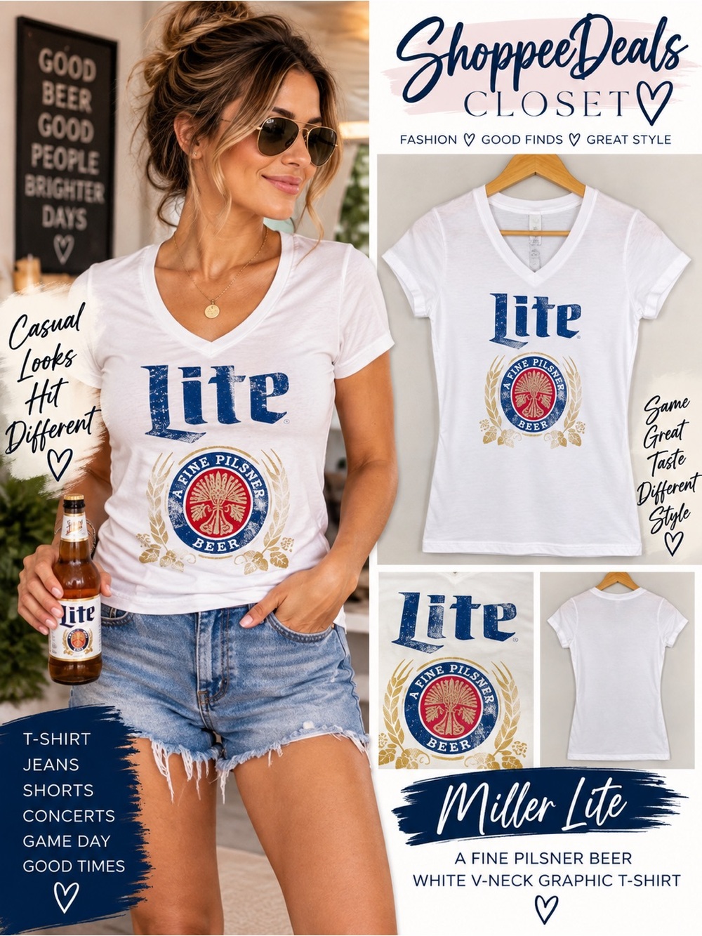 Miller Lite A Fine Pilsner Beer White V-Neck Graphic T-Shirt